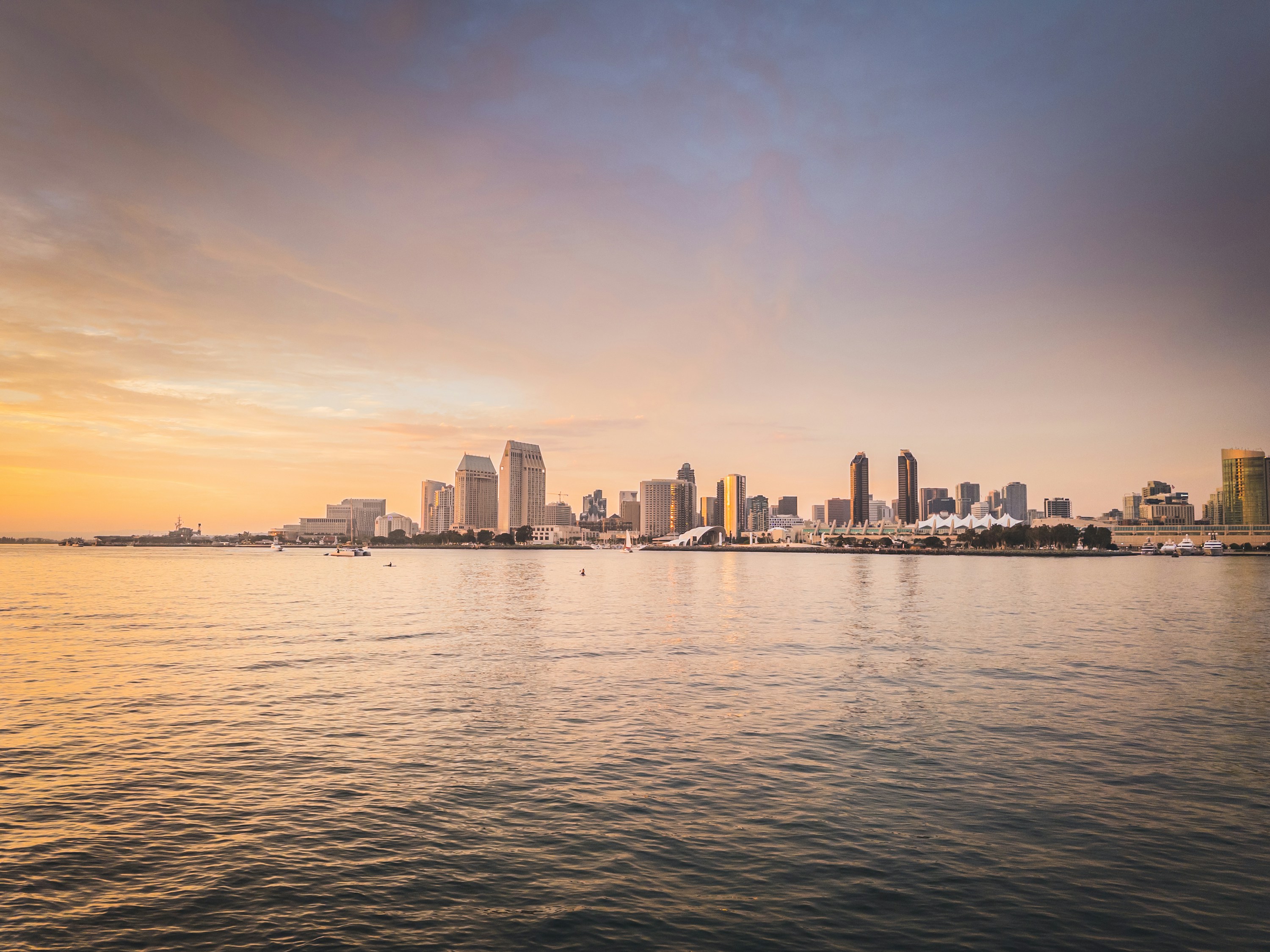 Downtown San Diego skyline across the bay at sunset